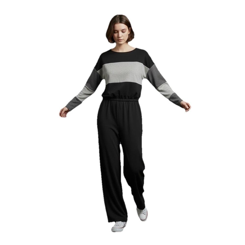 Cherish Women’s Jumpsuit Black/Gray Color Block Long Sleeve Pockets Size MEDIUM